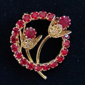 Vintage Gold and Red Floral Rhinestone Brooch